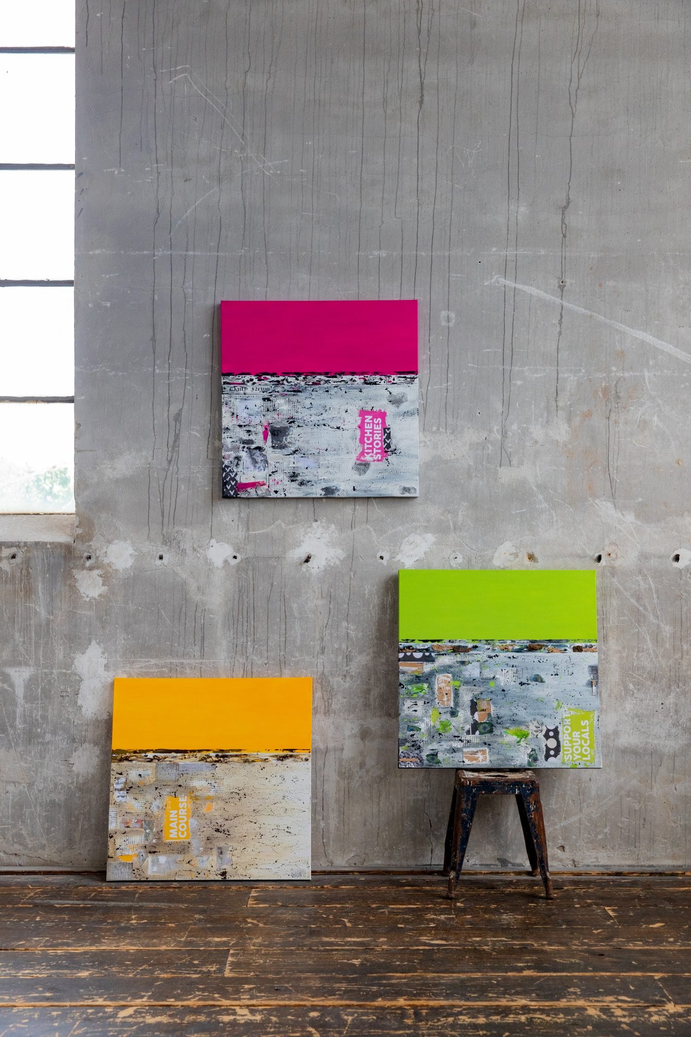 Serie „3-Gang Kunstmenü“ mit drei Werken, je 80 × 80 cm